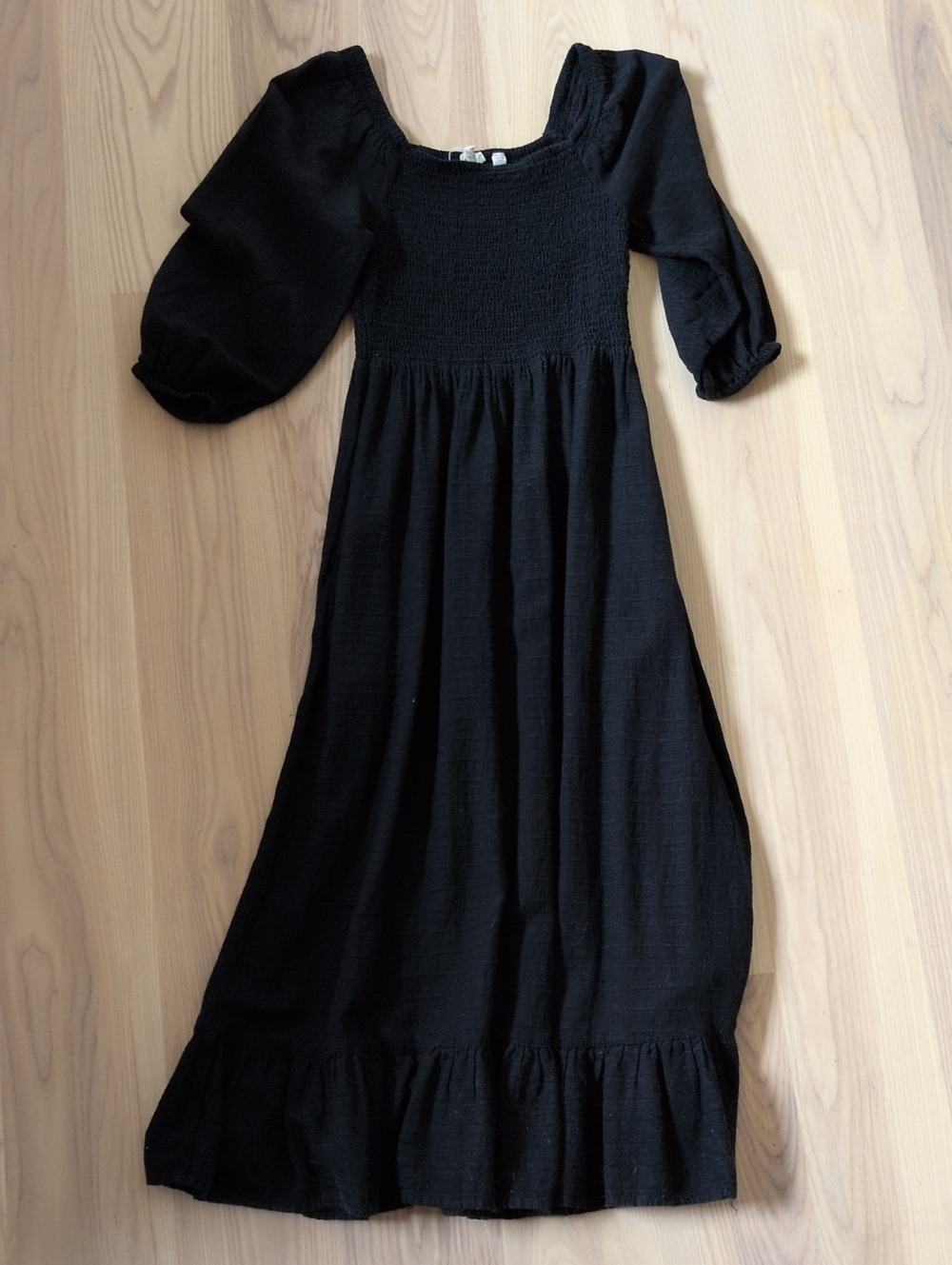 Black Smocked Puff-Sleeve Women's Dress